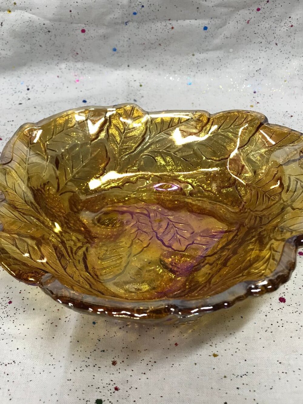 Indiana Glass Vintage Iridescent Amber Leaf Pattern Bowl